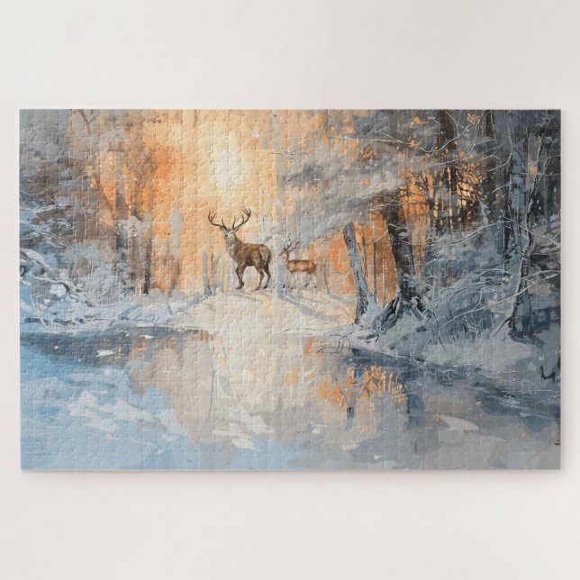 Majestic Deer in Winter Forest Art Jigsaw Puzzle (Horizontal)