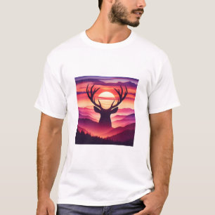 Majestic Deer Silhouette Sunset Mountain Landscape T-Shirt