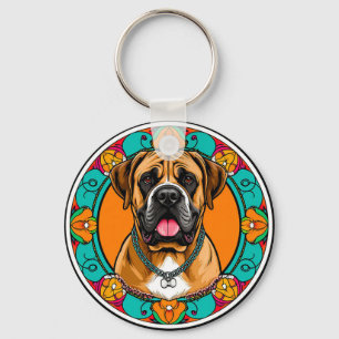 Majestic Dog Portrait in Vibrant Floral Mandala Key Ring