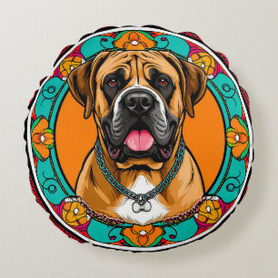 Majestic Dog Portrait in Vibrant Floral Mandala Round Cushion