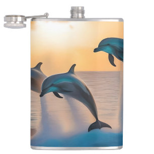 Majestic Dolphins Leaping At Sunset, Hip Flask