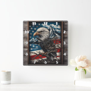 Majestic Eagle Against American Flag Background Square Wall Clock