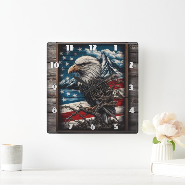 Majestic Eagle Against American Flag Background Square Wall Clock (Home)