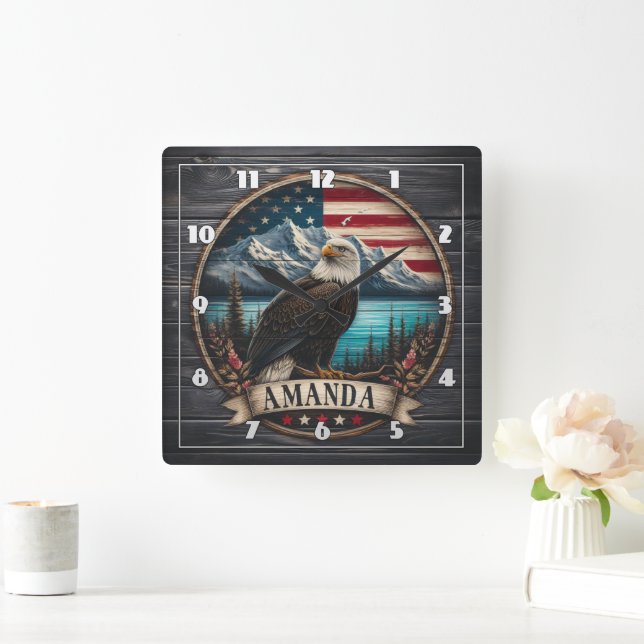 Majestic Eagle Against Mountain Backdrop Square Wall Clock (Home)
