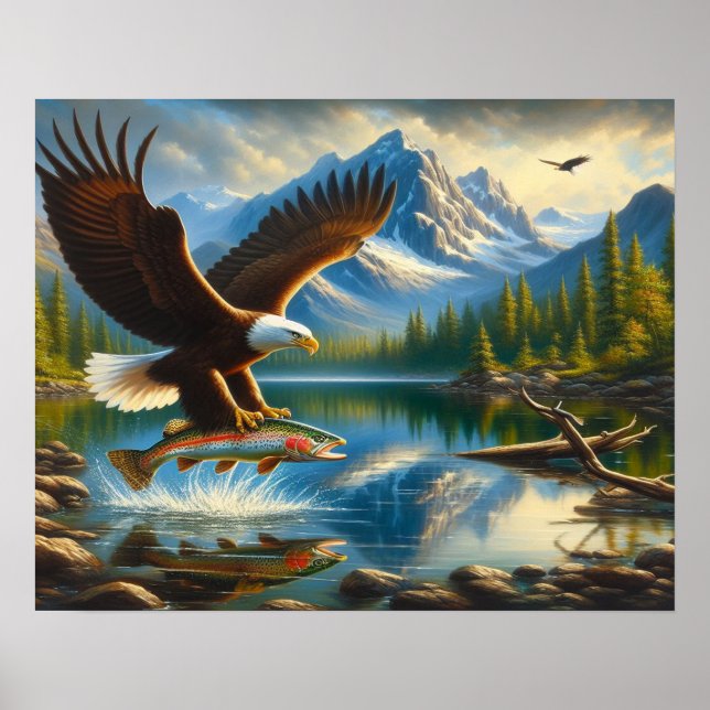 Majestic Eagle Capturing A Lake Trout 20x16 Poster (Front)