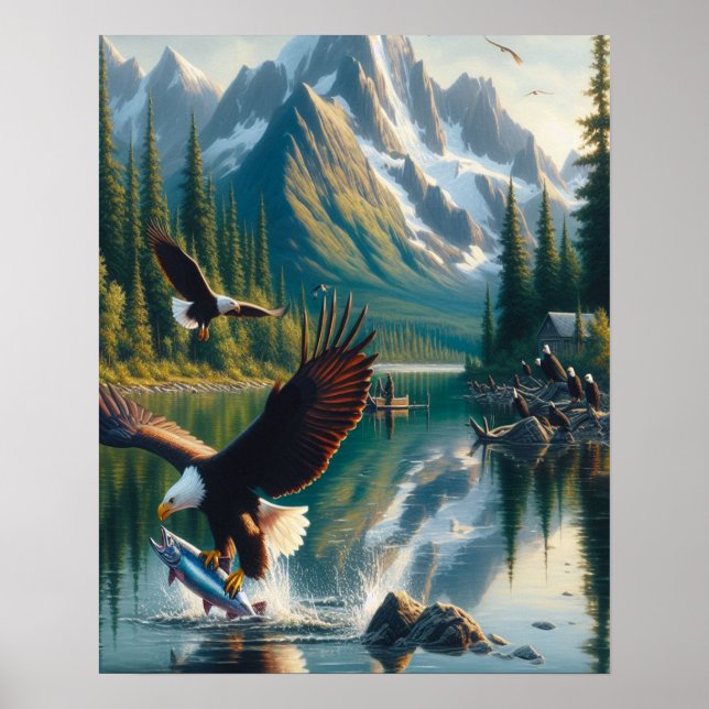 Majestic Eagle Capturing Fish at Sunrise 16x20 Poster (Front)