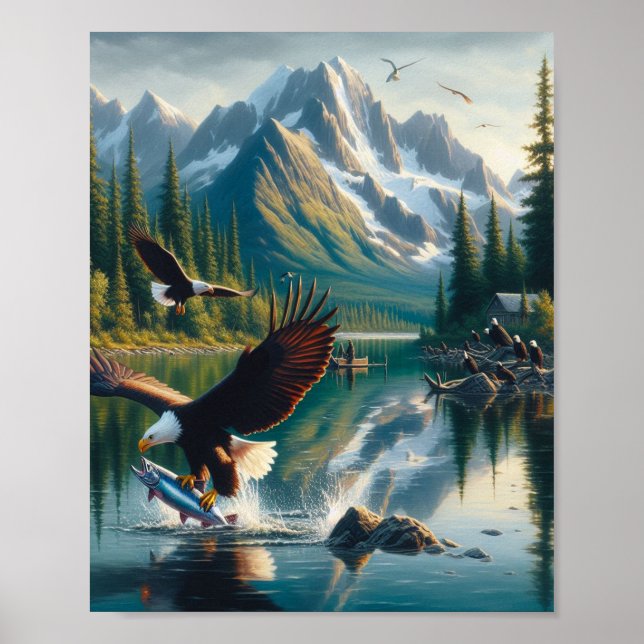 Majestic Eagle Capturing Fish at Sunrise 8x10 Poster (Front)