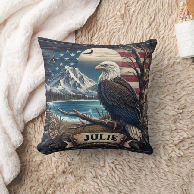 Majestic Eagle Near Mountains and American Flag Cushion (Blanket)