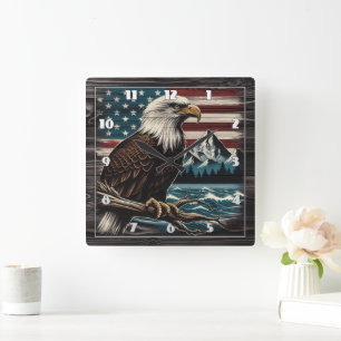 Majestic Eagle on Branch With American Theme Square Wall Clock