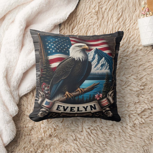 Majestic Eagle on Branch With Mountains and Flag Cushion (Blanket)