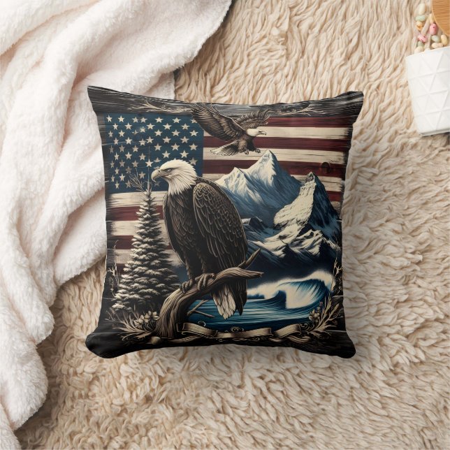 Majestic Eagle Over American Landscape at Dusk Cushion (Blanket)