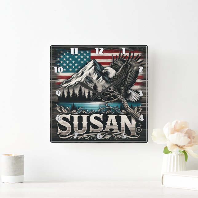 Majestic Eagle Over Mountains and American Flag Square Wall Clock (Home)