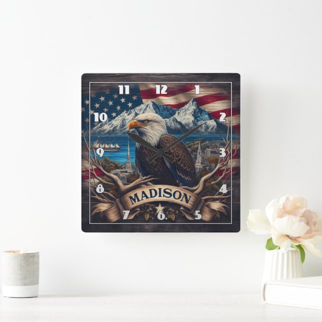 Majestic Eagle Overlooking Madison Landscape Square Wall Clock (Home)