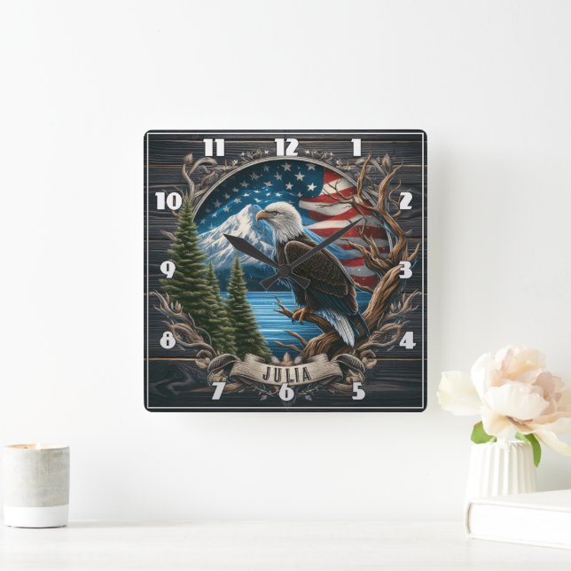 Majestic Eagle Overlooking Mountains and Flag Square Wall Clock (Home)