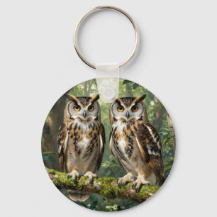 Majestic Eagle Owls Forest Perch Key Ring
