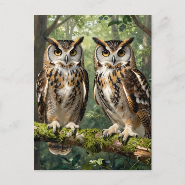 Majestic Eagle Owls Forest Perch Postcard (Front)