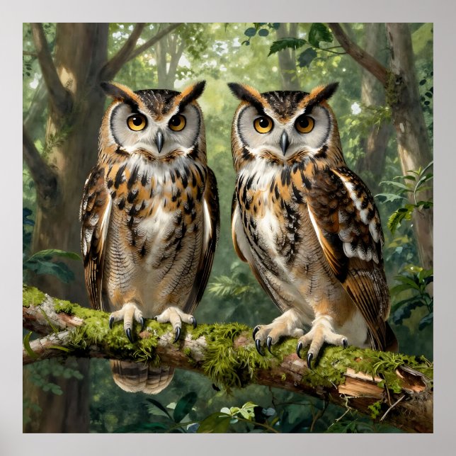 Majestic Eagle Owls Forest Perch Poster (Front)