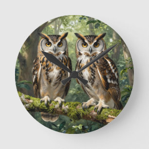 Majestic Eagle Owls Forest Perch Round Clock