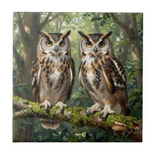 Majestic Eagle Owls Forest Perch Tile