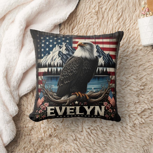 Majestic Eagle Perched Before American Landscape Cushion (Blanket)