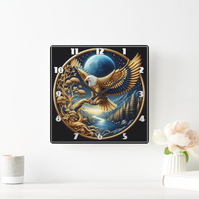 Majestic Eagle Perched by a Serene River Square Wall Clock (Home)