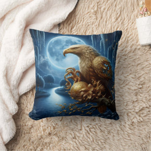 Majestic Eagle Perched by Moonlit River Cushion