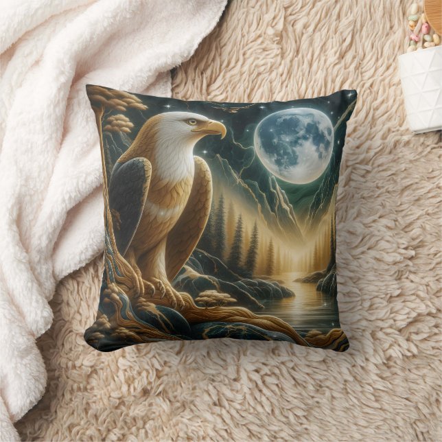 Majestic Eagle Perched by Moonlit River Cushion (Blanket)