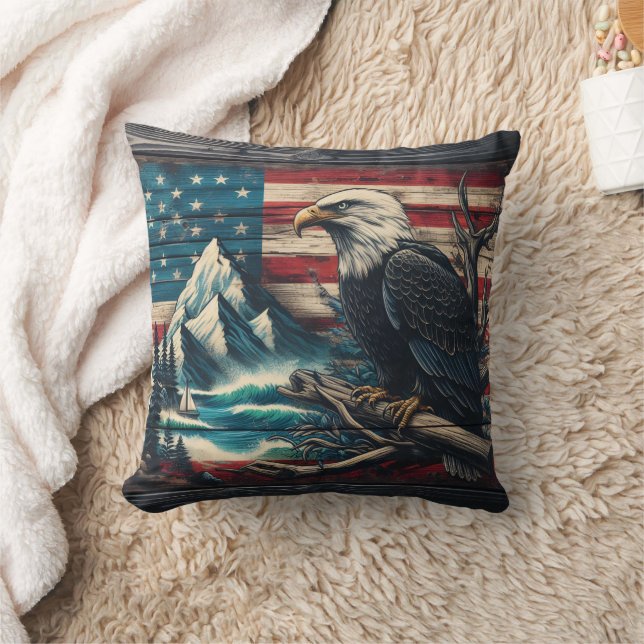 Majestic Eagle Perched by Mountain Lake at Dusk Cushion (Blanket)