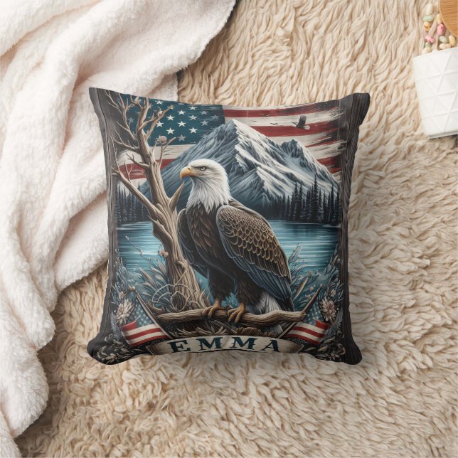 Majestic Eagle Perched by Mountain River Cushion (Blanket)