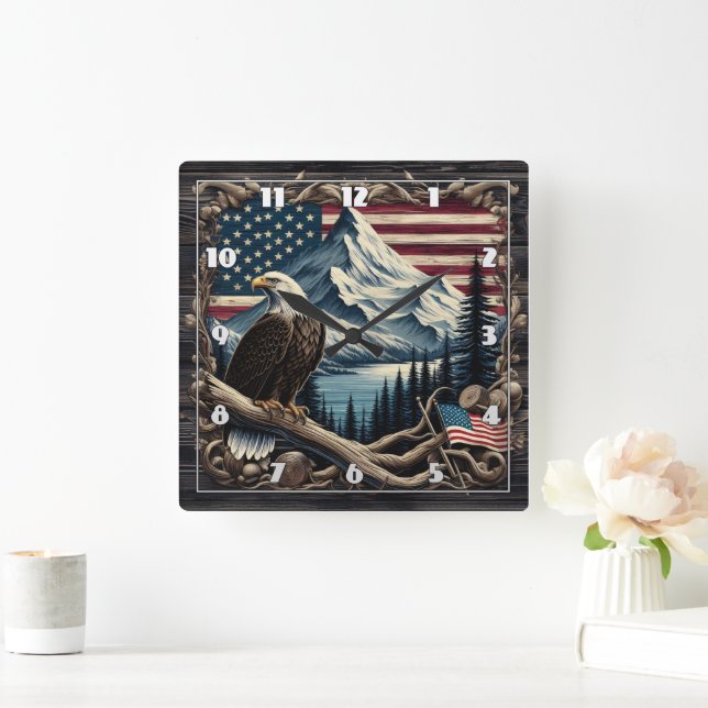 Majestic Eagle Perched Near American Landscape Square Wall Clock (Home)
