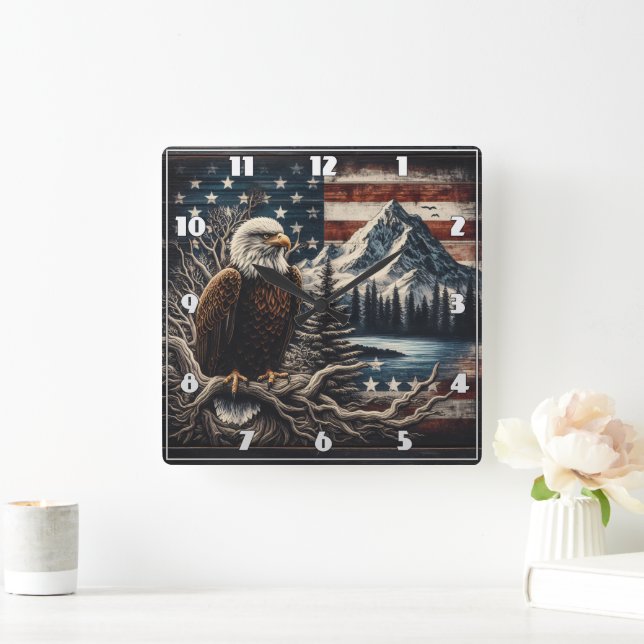 Majestic Eagle Perched Near Mountains and Sunset Square Wall Clock (Home)