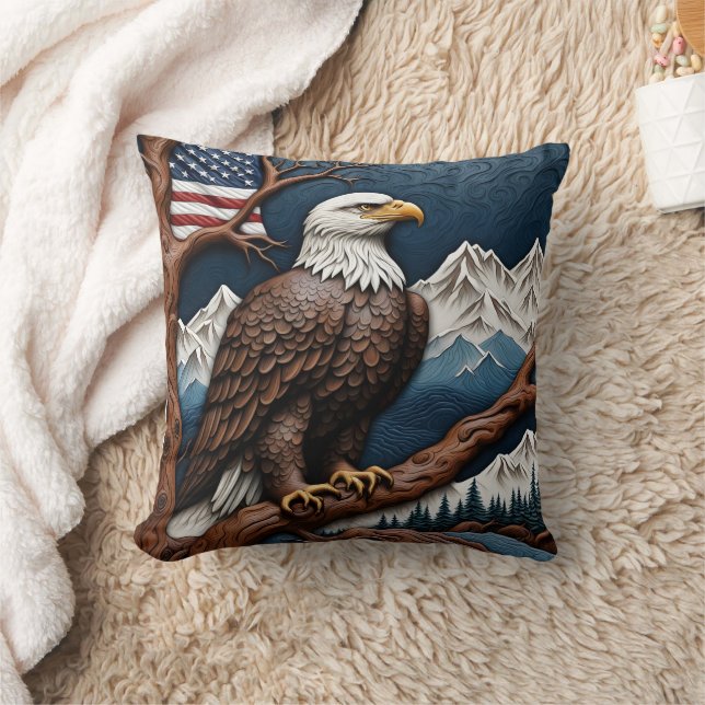 Majestic Eagle Perched on a Branch in Mountains Cushion (Blanket)