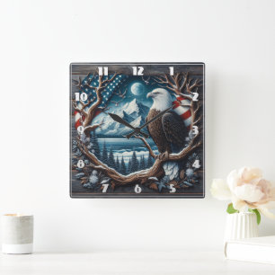 Majestic Eagle Perched on Tree With American Flag Square Wall Clock