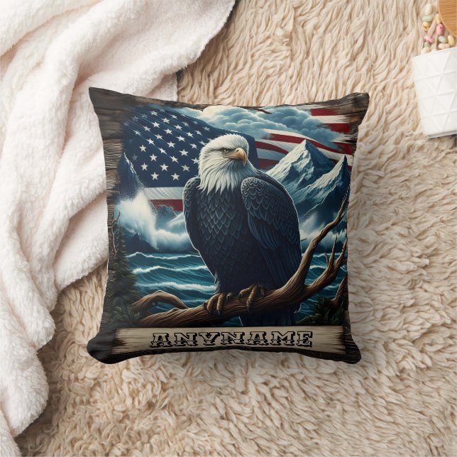 Majestic Eagle Perched With Mountains and Flag Cushion (Blanket)