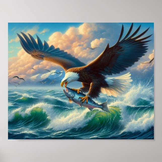 Majestic Eagle Swooping Down to Catch Fish 10x8 Poster (Front)