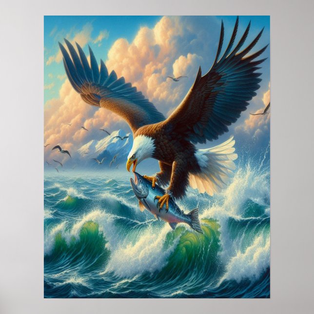 Majestic Eagle Swooping Down to Catch Fish 16x20 Poster (Front)
