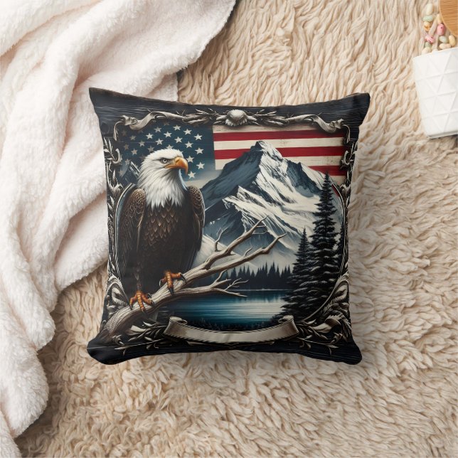 Majestic Eagle With American Flag Background Cushion (Blanket)