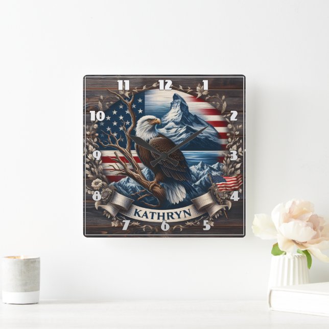 Majestic Eagle With Mountains and American Flag Square Wall Clock (Home)