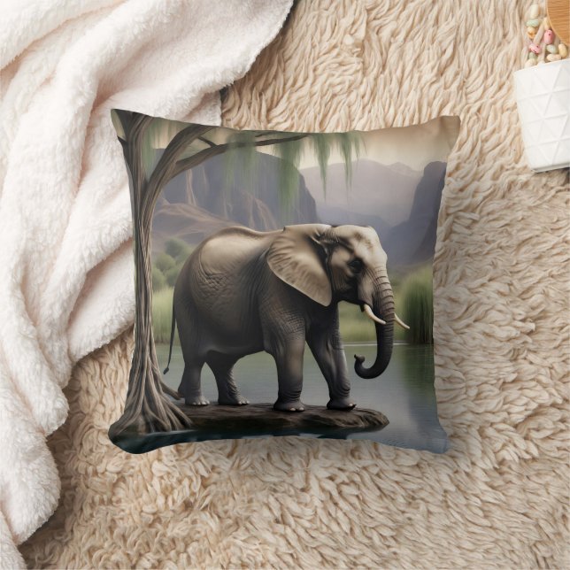 Majestic Elephant at Tranquil Lakeside Dawn Cushion (Blanket)