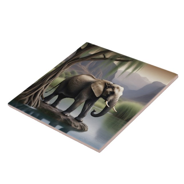 Majestic Elephant at Tranquil Lakeside Dawn Tile (Side)
