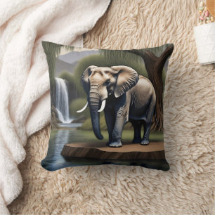 Majestic Elephant at Tranquil Waterfall Oasis Cushion