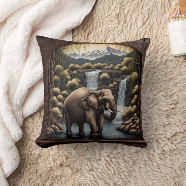 Majestic Elephant by Cascading Waterfalls at Dusk Cushion (Blanket)