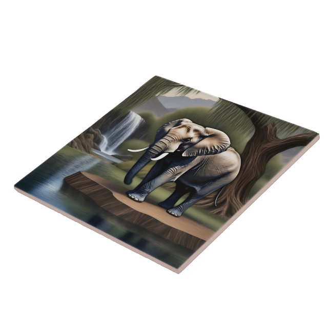 Majestic Elephant by Serene Waterfall at Dawn Tile (Side)