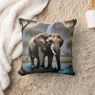 Majestic Elephant by Tranquil Waterfall at Dusk Cushion