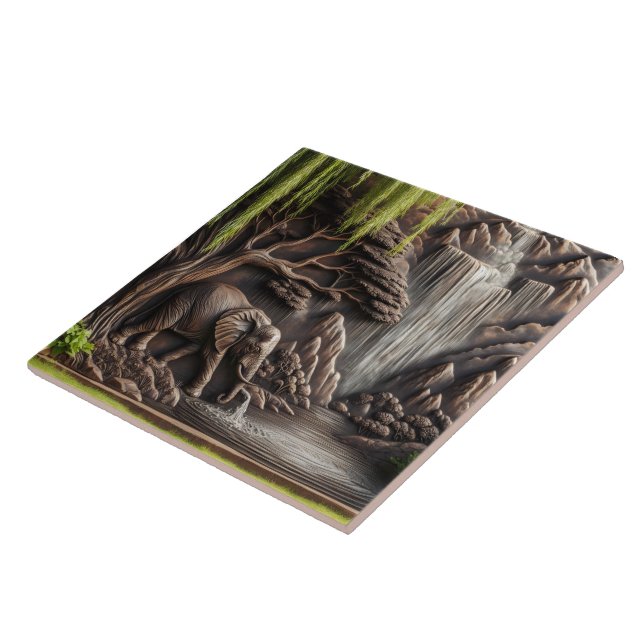 Majestic Elephant by Tranquil Waterfall Scene Tile (Side)