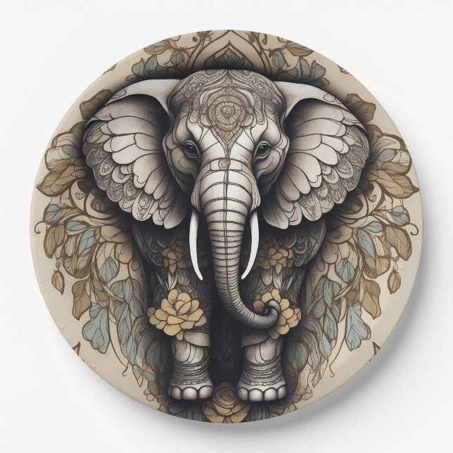 Majestic Elephant Mandala Paper Plate (Front)