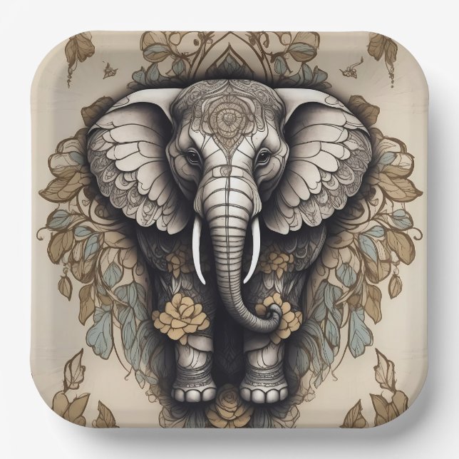 Majestic Elephant Mandala Paper Plate (Front)