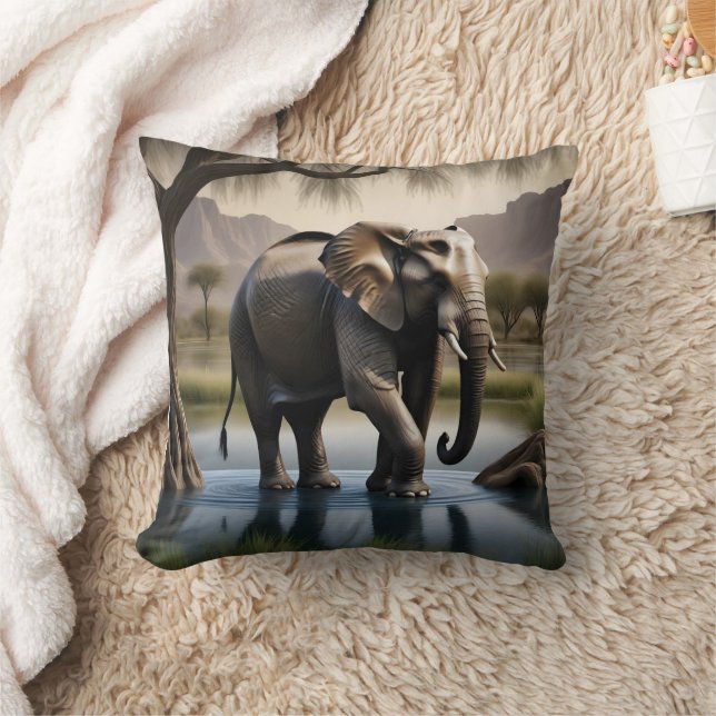 Majestic Elephant Wading in Serene Water at Dawn Cushion (Blanket)