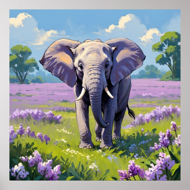 Majestic Elephant Walking in Lilac Field Painting Poster (Front)
