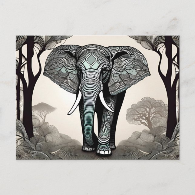 Majestic Elephant with Ornate Tribal Patterns Postcard (Front)